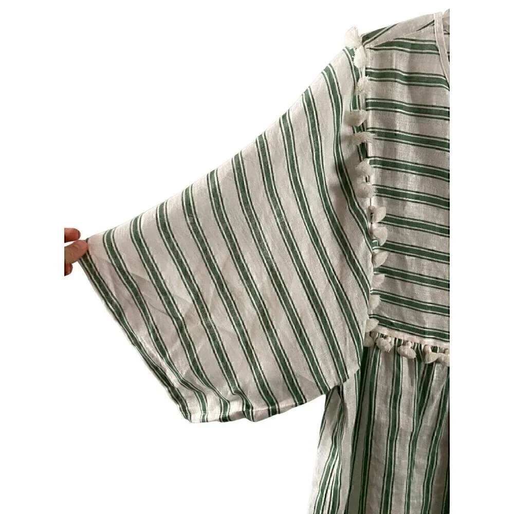 Tory Burch Striped Linen Caftan Size Small Midi Green White Tassels Swim coverup